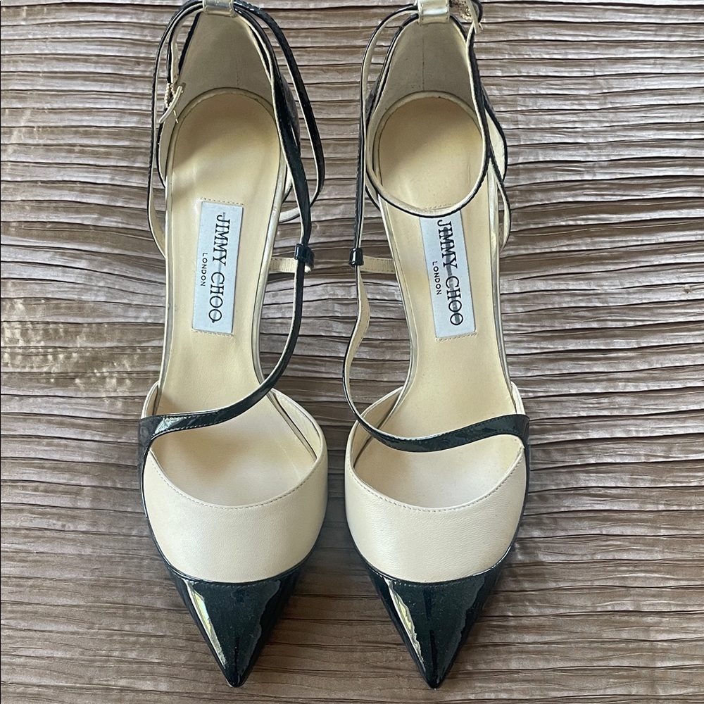 Jimmy Choo Black and Cream Pointed Ankle-Strap Pumps